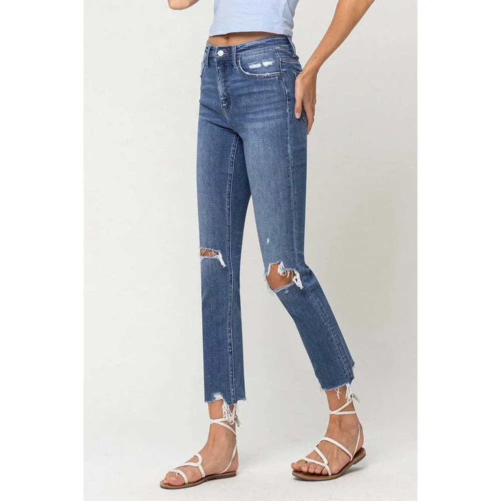 Flying Monkey Holly High Rise Distressed Hem Ankle Slim Straight Jeans - Picture 2 of 9